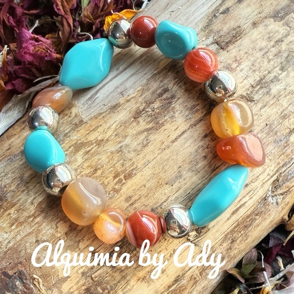 Blue turquoise and big carnelians beaded colorful bracelet stack set - Picture 5 of 6